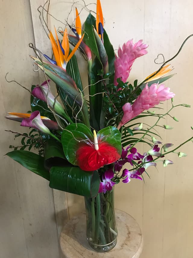 Tropical arrangement of anthurium, bird of paradise, and pink ginger