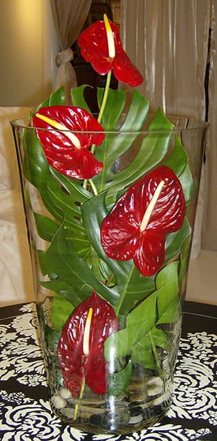 Red anthurium and monstera leaves designed inside a tall glass cylinder
