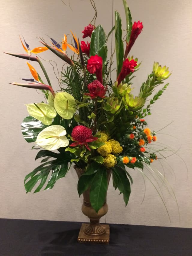 Tall tropical design with bird of paradise, protea, and red ginger