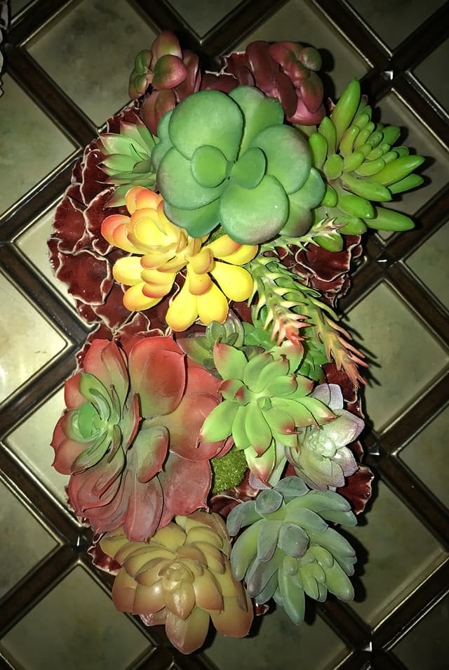 Realistic faux succulents in shades of green, yellow, and rose