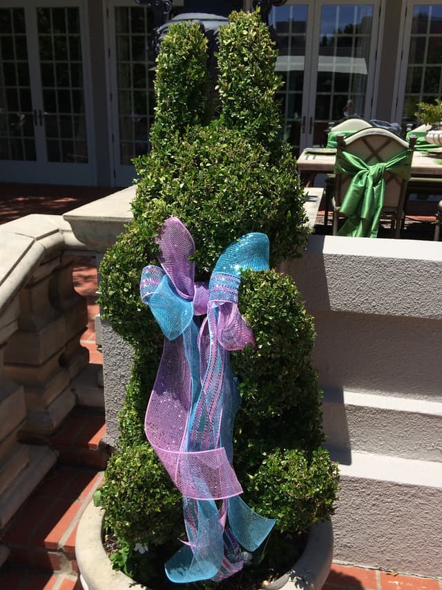 Fresh boxwood rabbit topiary with a pastel bow for spring
