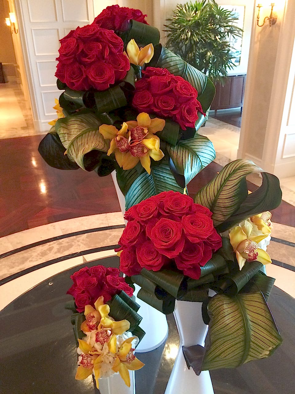 Grand red arrangement in a hotel lobby