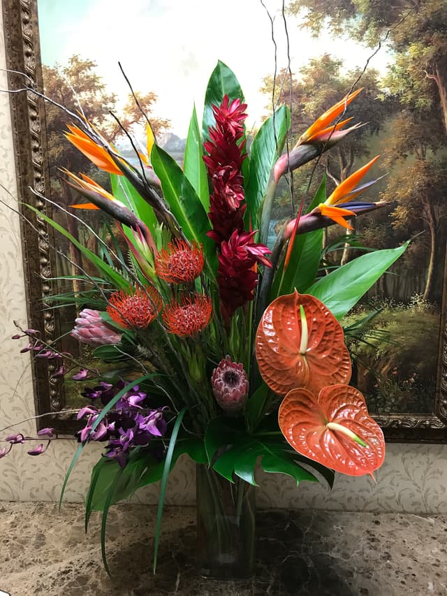 Tropical arrangement of red anthurium, bird of paradise, and heliconia